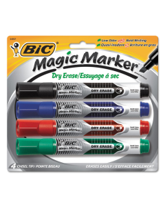 BIC Magic Marker Bold Dry Erase Marker, Chisel Tip, Assorted, 4-Pack