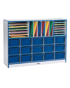 Jonti-Craft Rainbow Accents Sectional Mobile Cubbie Classroom Storage with Trays (in navy, example of use)