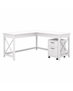 Bush Furniture Key West 60" W L Shaped Desk with Mobile File Cabinet (Pure White Oak)