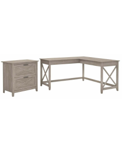 Bush Furniture Key West 60" W L Shaped Desk with Lateral File Cabinet (Washed Gray)