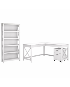 Bush Furniture Key West 60" W L Shaped Desk with Mobile File Cabinet and 5-Shelf Bookcase, Pure White Oak