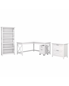 Bush Furniture Key West 60" W L Shaped Desk with File Cabinets and 5-Shelf Bookcase, Pure White Oak