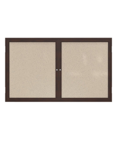 Ghent 48" x 36" 2-Door Wood Frame Walnut Finish Enclosed Fabric Bulletin Board, Beige