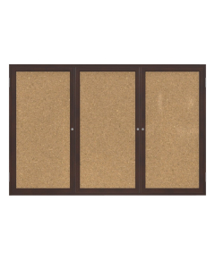 Ghent 72" x 48" 3-Door Wood Frame Walnut Finish Enclosed Bulletin Board, Natural Cork