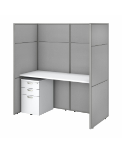 Bush Furniture Easy Office 60" W Desk with 66" H Closed Cubicle Panel and File Cabinet, Pure White/Silver Gray Fabric