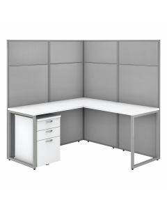 Bush Furniture Easy Office 60" W L Shaped Desk with 66" H Cubicle Panel and File Cabinet, Pure White/Silver Gray Fabric