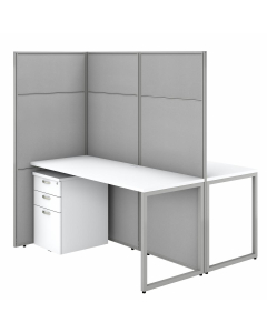 Bush Furniture Easy Office 60" W 2 Person Desk with 66" H Cubicle Panel and File Cabinets, Pure White/Silver Gray Fabric
