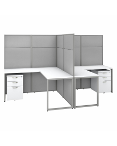 Bush Furniture Easy Office 60" W 2 Person L Desk with 66" H Cubicle Panel and Drawers, Pure White/Silver Gray Fabric