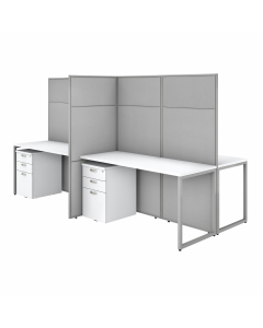 Bush Furniture Easy Office 60" W 4 Person Desk with 66" H Cubicle Panel and File Cabinets, Pure White/Silver Gray Fabric