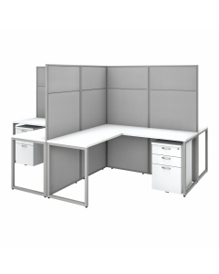 Bush Furniture Easy Office 60" W 4 Person L Desk with 66" H Cubicle Panel and Drawers, Pure White/Silver Gray Fabric