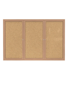 Ghent 96" x 48" 3-Door Wood Frame Oak Finish Enclosed Bulletin Board, Natural Cork