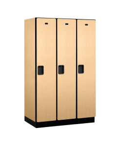 Salsbury 21000 Series 15" Wide Single Tier, 3 Wide Designer Wood Lockers Shown in Maple, Side Panel Sold Separately