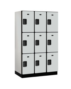 Salsbury 23000 Series 15" Wide x 6' High Triple Tier, 3 Wide Designer Wood Lockers Shown in Grey, Side Panel Sold Separately