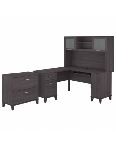 Bush Furniture Somerset 60" W L-Shaped Office Desk Set with Hutch and Lateral File (Shown in Dark Grey)