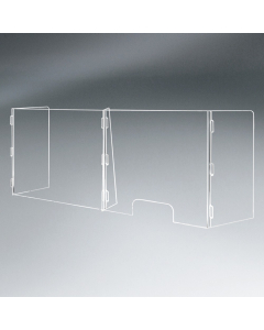 Pacesetter 65" W x 23.5" H Freestanding 2-Panel Clear Acrylic Plexiglass Sneeze Guard with Pass-Through (1 Pass-Through Shown)