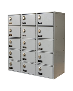 Hallowell 5-Tier 3-Wide Mobile Device Box Locker, Assembled 27" W x 12" D x 30.5" H, Light Grey (Shown with Padlock Option)