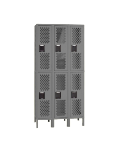 Tennsco Ventilated Assembled Double Tier 3-Wide Metal Lockers with Legs (Shown in Medium Grey)