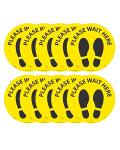 National Marker 8" Round Temp-Step Vinyl Please Wait Here Floor Decal, Pack of 10, Black on Yellow