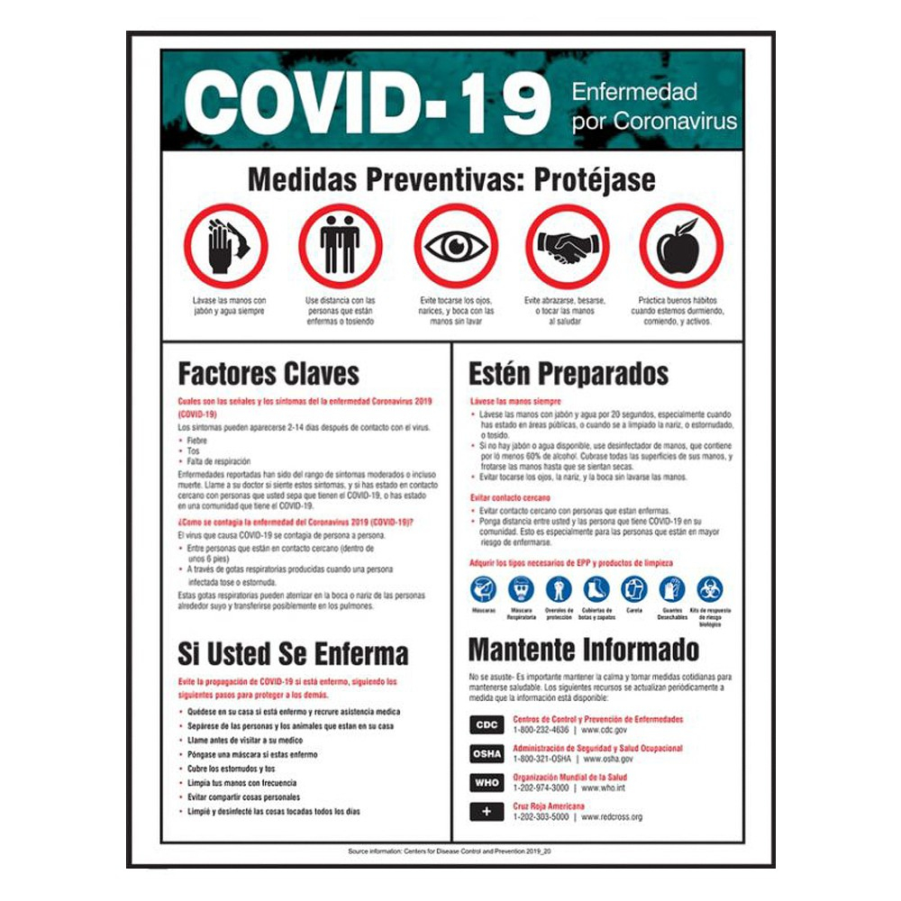 Accuform 22 x 17 COVID 19 Laminated Spanish Disease Safety Poster